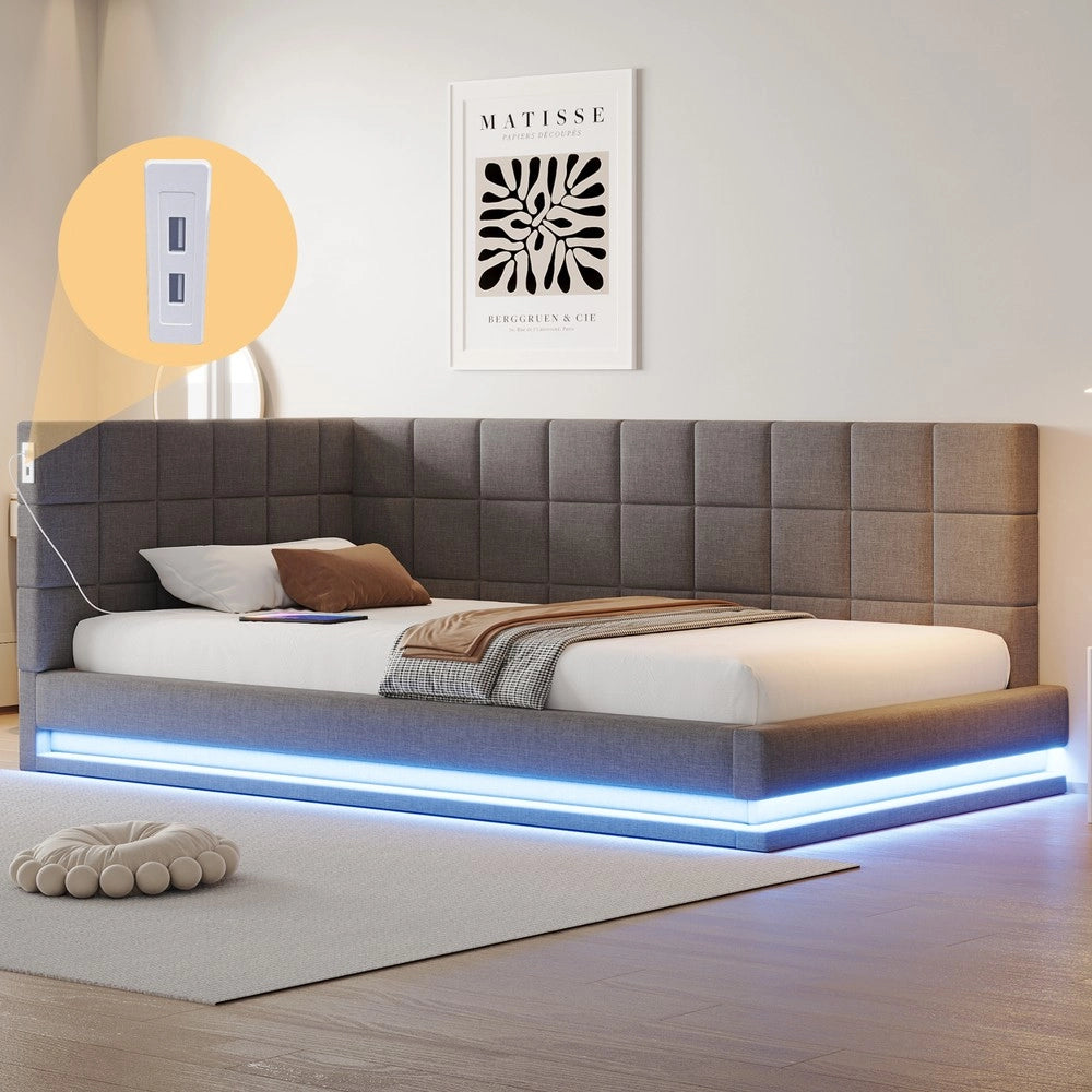 Letto Imbottito con LED e Rete a Doghe ¨C MINIMAL ¨C Tessuto Grigio 90x200