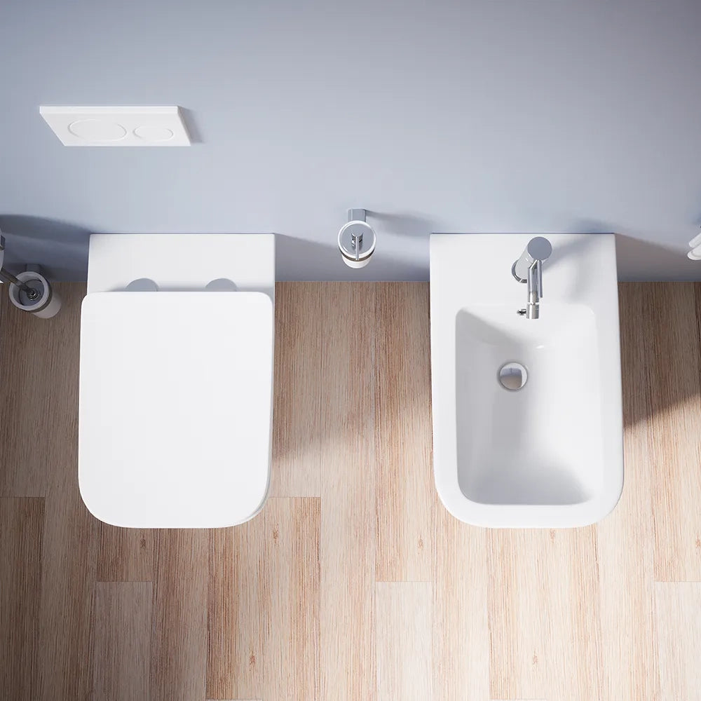 Sanitari filomuro in ceramica bianco lucido vaso rimless sedile soft-close e bidet | Kyoto