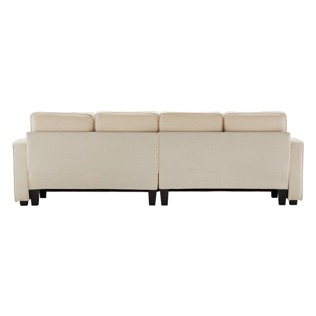 Divano Lineare 4 Posti con Tasche Laterali e 4 Cuscini; Schienale Alto Comfort; Struttura in Legno e Metallo in Lino Beige