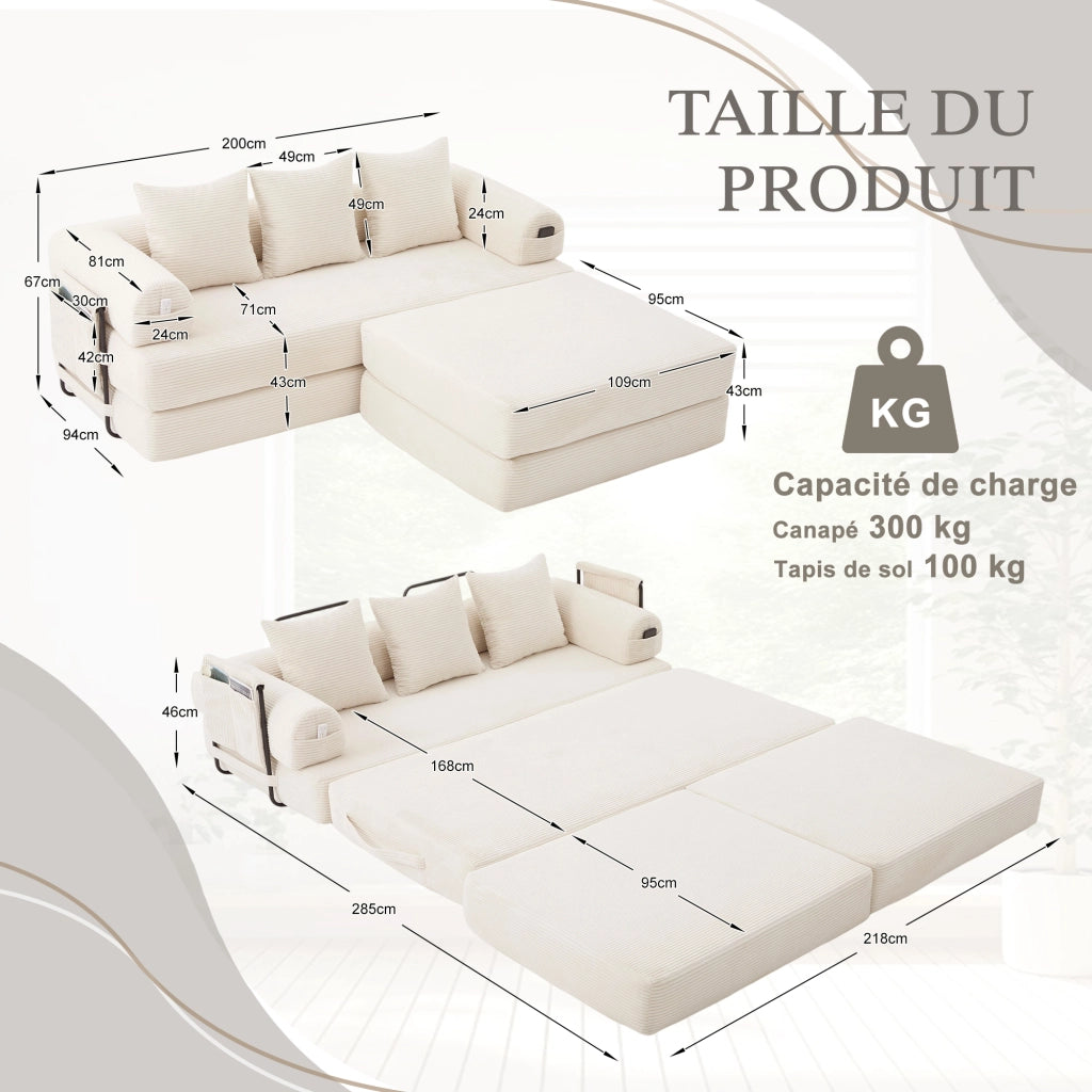 Divano modulare in corduroy con struttura in metallo, tasca laterale, 3 cuscini e pouf, design versatile beige