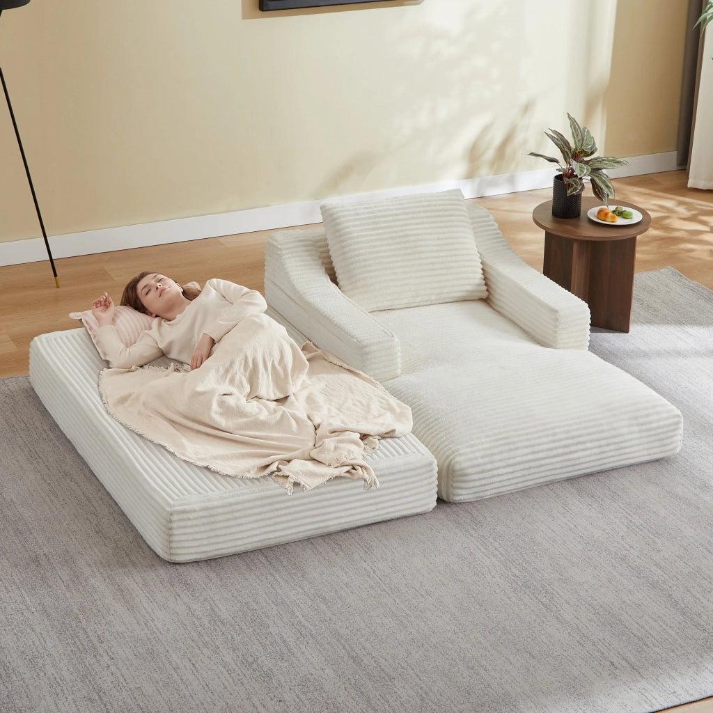 Poltrona reclinabile, poltrona con braccioli, divanetto singolo, velluto a coste, funzione letto, con cuscini, bianco