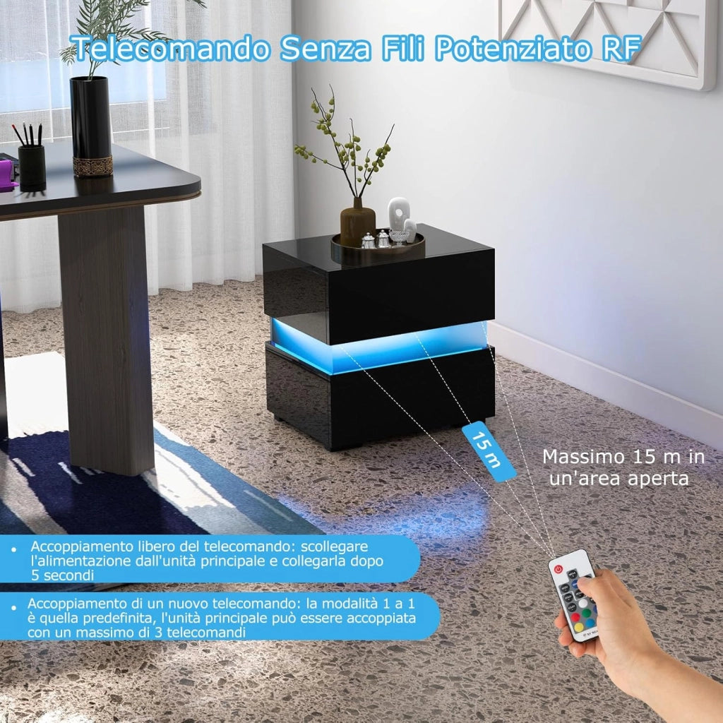 Tavolino a LED, Tavolino con Cassetto, Telecomando, 22 Modalità di Luce, 10 Velocità e 5 Luminosità, Comodino Moderno da Salotto e Camera da Letto (2, Nero)