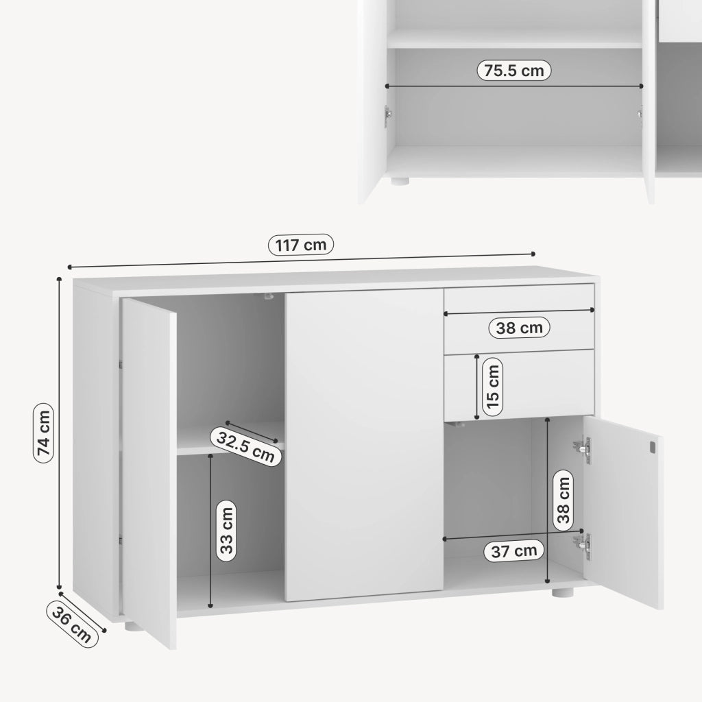 Credenza Paarl Comò con 3 Ante e 2 Cassetti 74x117x36 cm - Bianco Opaco [en.casa]