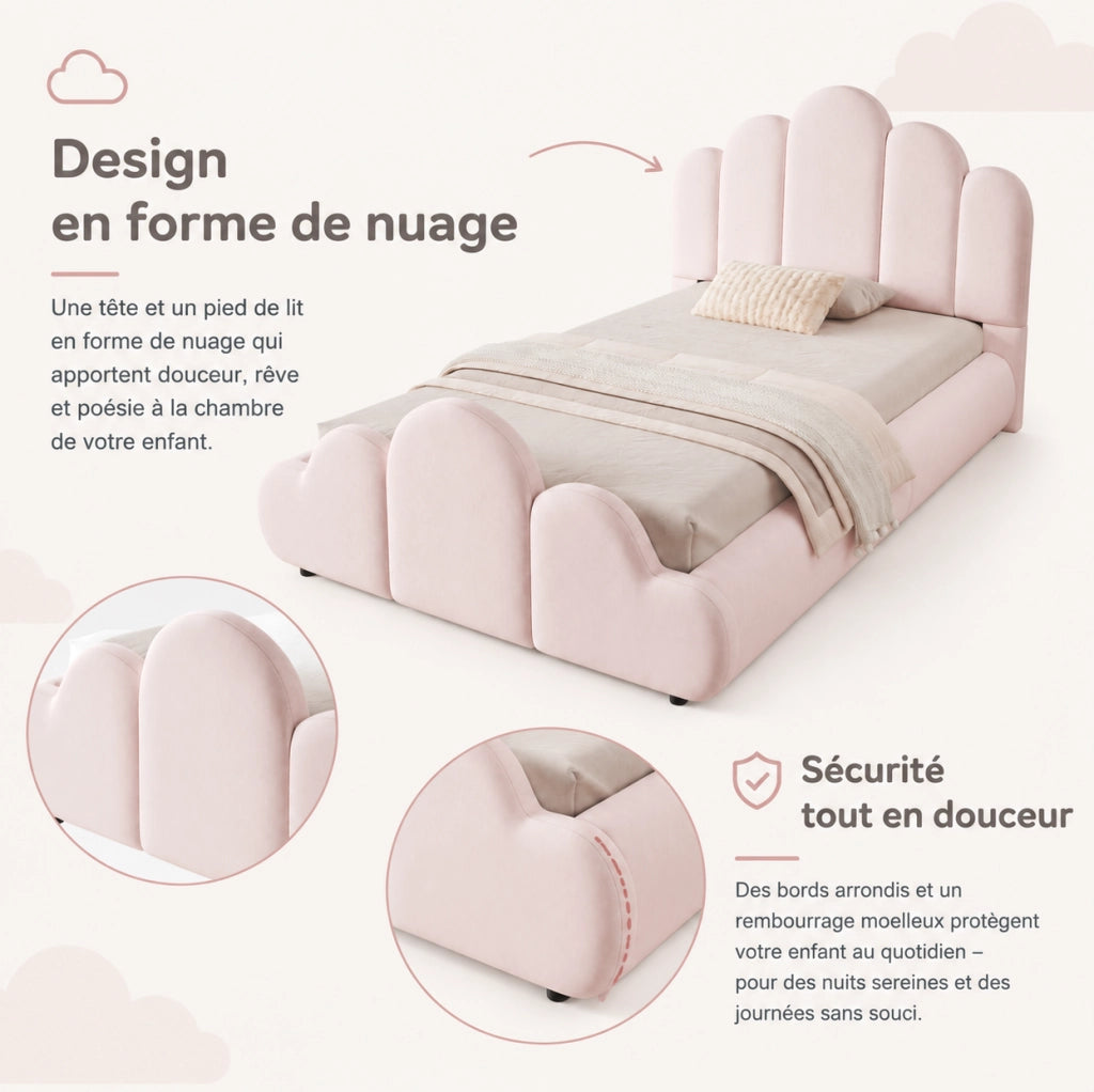 Letto imbottito singolo 90x200 cm in velluto rosa con rete a doghe