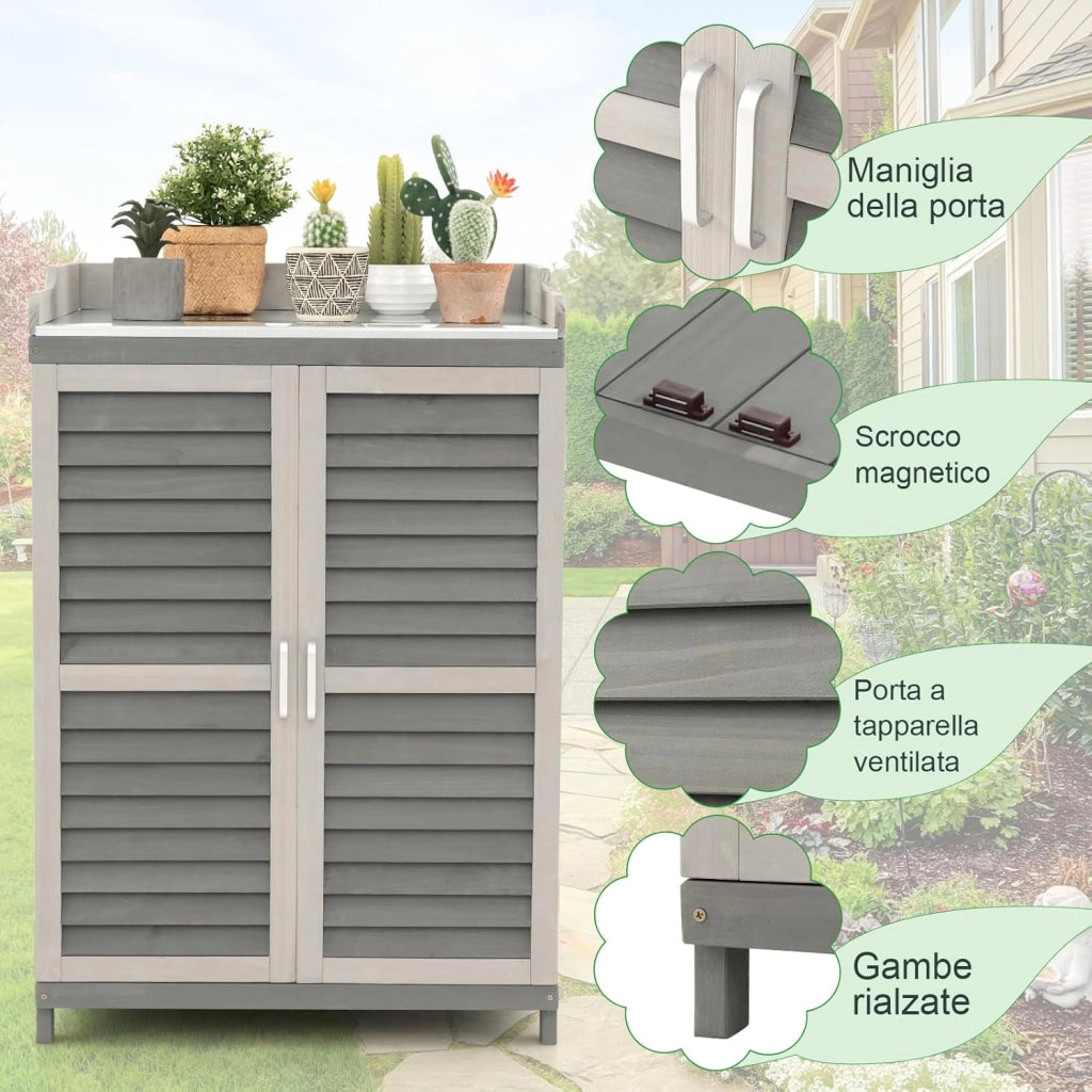 Armadietto da Esterno in Legno, Capanni da Esterno con Piano in Metallo Placcato e 2 Ante a Persiana, Mobile Porta Attrezzi da Giardino e Terrazzo, 67 x 47 x 100 cm, Grigio