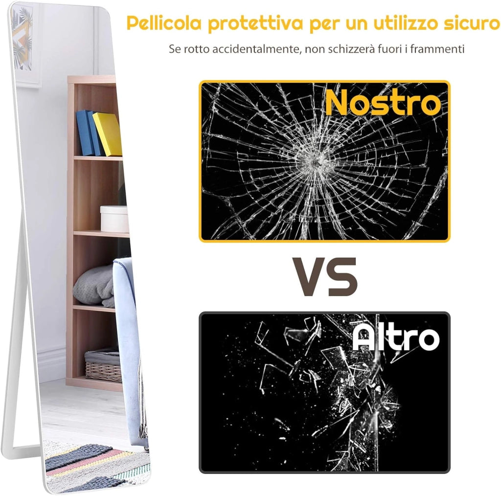 Specchiera da Terra Autoportante a Figura Intera, Specchio Rettangolare, Angolo Regolabile, 2 Metodi di Installazione, Bianco 160x37cm