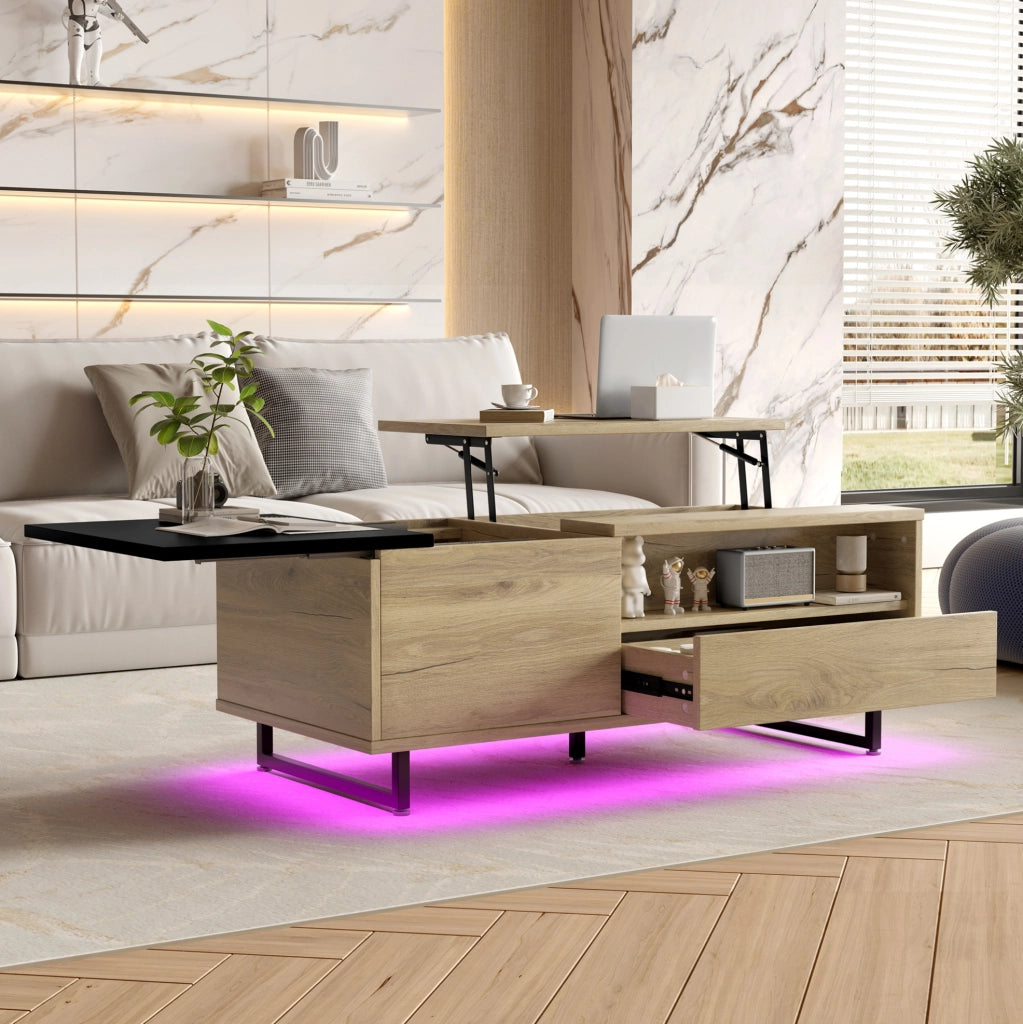 Tavolino da salotto elevabile con LED; cassetto e vani portaoggetti; 103;5x50x27;5 cm; naturale