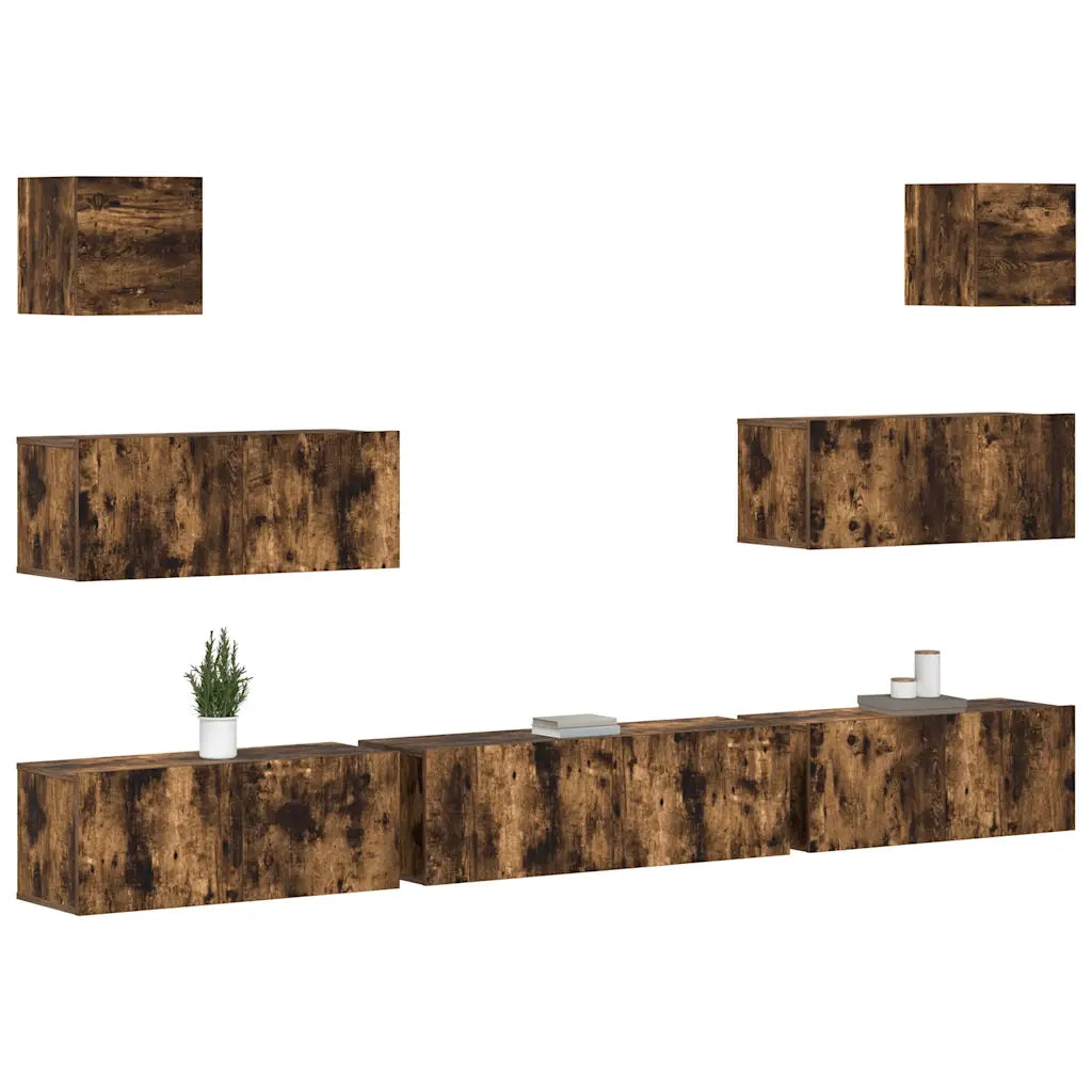 Set di Mobili Porta TV 7 pz Rovere Fumo in Legno Multistrato cod mxl 12168