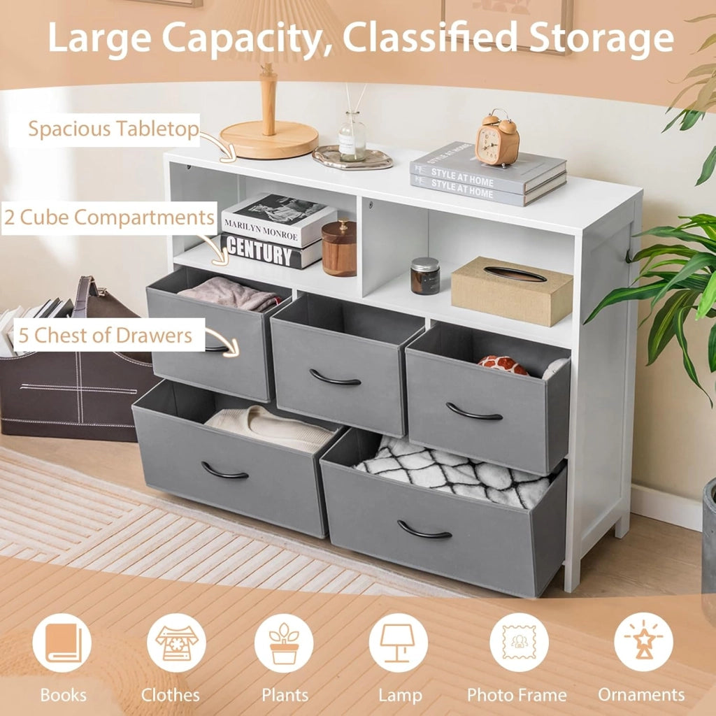 Comò con 5 Cassetti in Tessuto, Cassettiera con 2 Somparti Aperti e Cassetti Rimovibili e Pieghevoli, Porta Tv fino a 50", Armadio Multiuso per Camera da Letto, Soggiorno, 100 x 30 x 78 cm