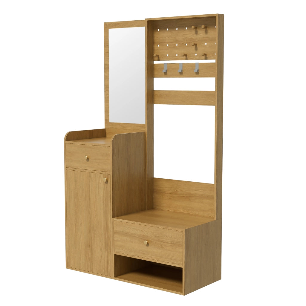 Mobile Ingresso con 2 Cassetti; 1 Armadio e Ripiani; con Specchio e Ganci Regolabili; Stile Moderno; in Pannello truciolare; Legno; 105??38??180 cm