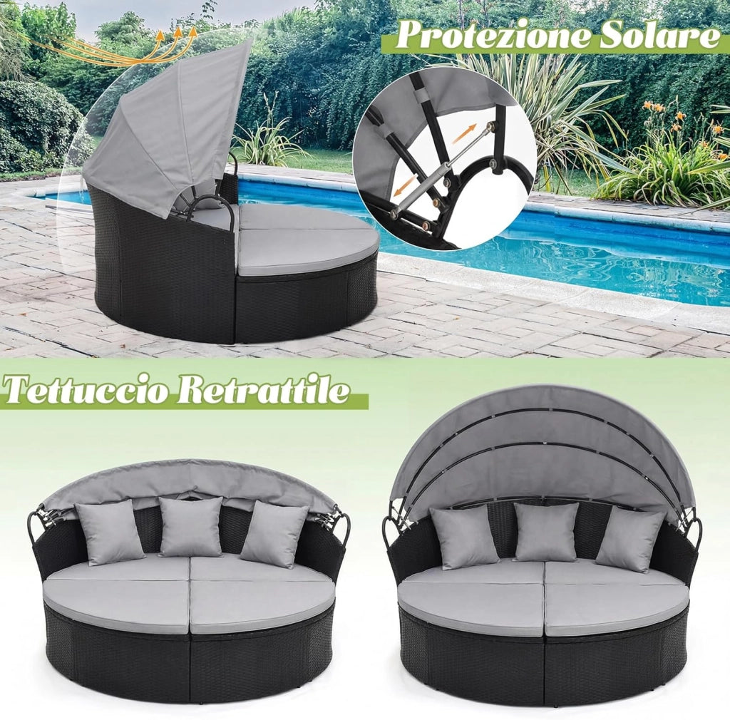 2 in 1 Isola Prendisole da Giardino per 2 Persone, Lettino Prendisole in Rattan con Tettuccio Retrattile, Divanetto Letto da Esterno con Cuscini per Terrazzo Balcone, 187x180x157 cm (Grigio)