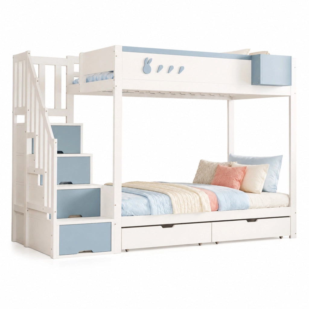 Lettino a castello 90x200 cm in legno; bianco e blu; con cassetti e scaletta contenitore