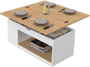 Tavolino rettangolare con piano sollevabile, trasformabile in tavolo da pranzo ELEA, 100 cm, legno bianco e impiallacciato faggi