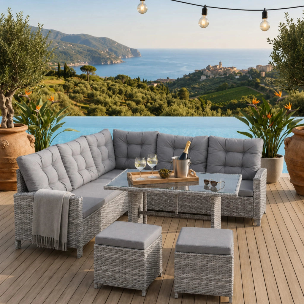 Set Da Giardino Angolare In Polyrattan Con Tavolino Doppio Piano Vetrato Due Pouf E Cuscini Morbidi Salotto Per Terrazza Veranda Balcone Zona Piscina Grigio