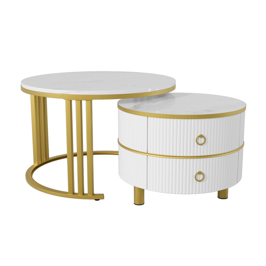 Tavolino da salotto 2 in 1 rotondo - Zephmum- 70*70*46 + 50*50*40 cm- Piatto lucido e marmo bianco- 2 cassetti