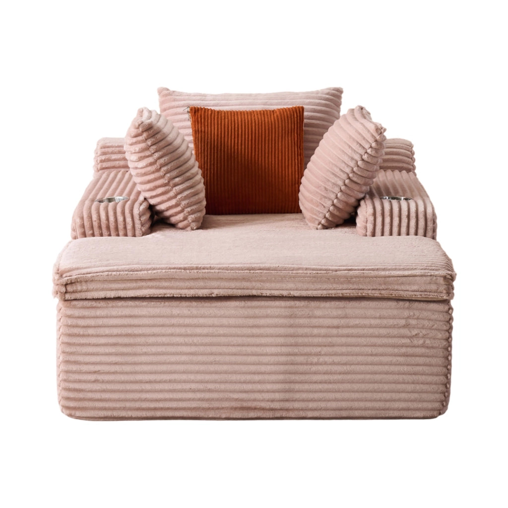 Divano da pavimento con chaise longue in velluto a coste rosa; con cuscini