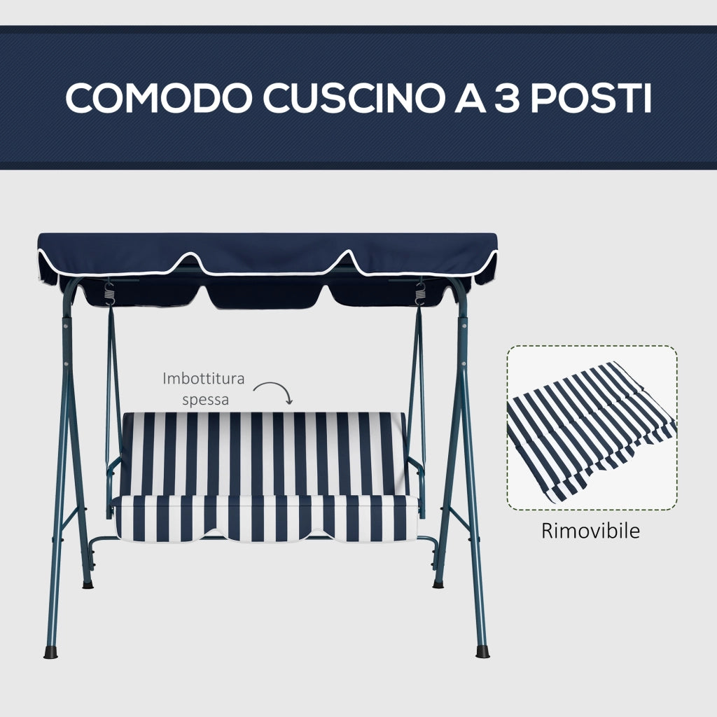 Dondolo da Giardino 3 Posti con Tetto Parasole, in Acciaio e Poliestere, 172x110x153 cm, Bianco e Blu