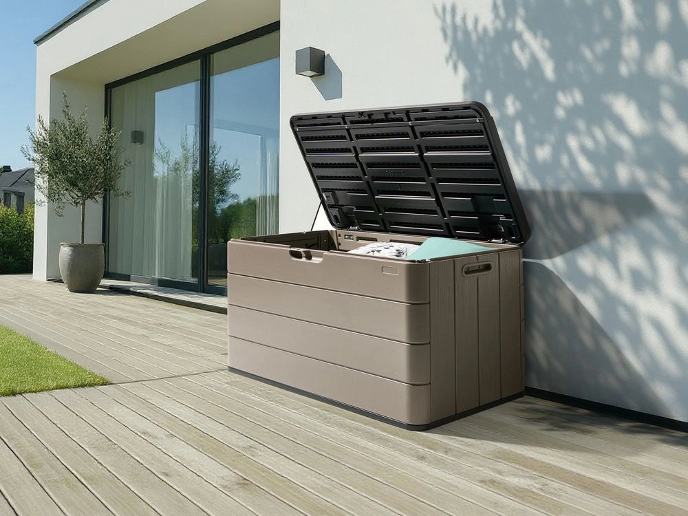 Panca da giardino in plastica marrone per esterni 116 x 60 cm con maniglie e rotelle Cassetta porta attrezzi da esterno