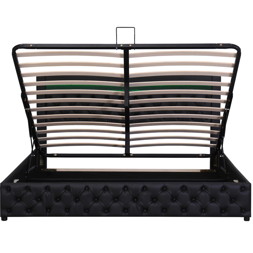 Letto imbottito 140x200 cm con contenitore, LED regolabile e rivestimento in PU nero