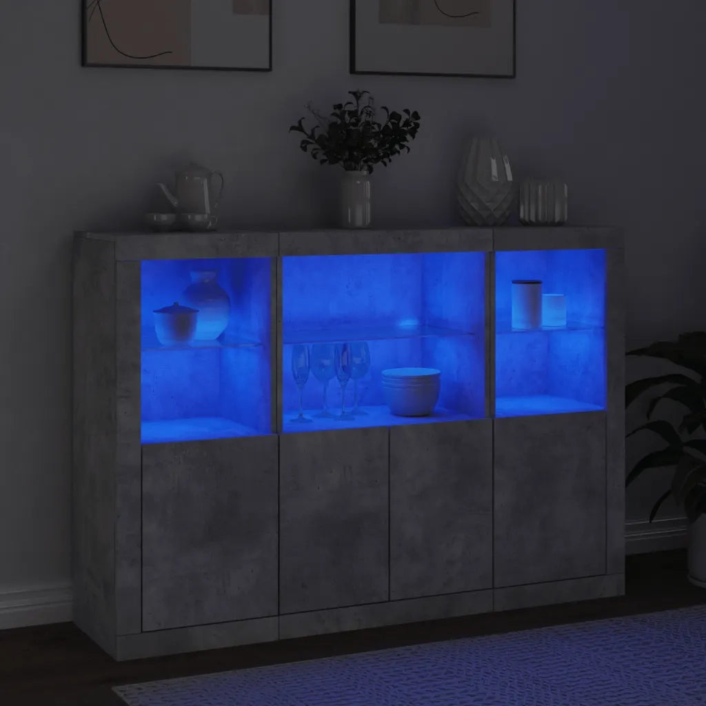 Credenze con Luci LED 3 pz | Madia | Buffet da pranzo | Armadio da pranzo Grigio Cemento in Legno Multistrato