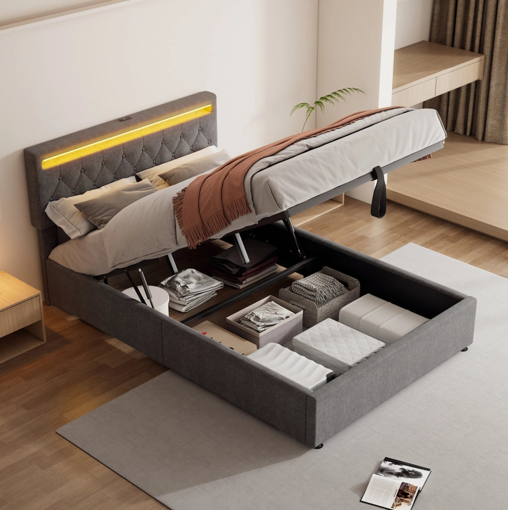 LETTO Imbottito 140x200 cm Grigio con LED, USB e USB-C