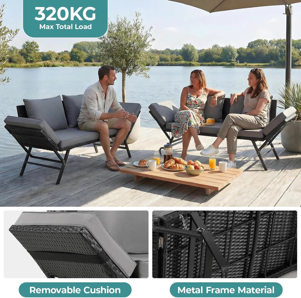 Divano Esterno Giardino in Polyrattan con Funzione Reclinabile, Divanetto da Esterno 2 Posti,Mobili da Giardino in Rattan,Divano in Polyrattan con Braccioli Regolabili,per Giardino,Terrazza (Nero)