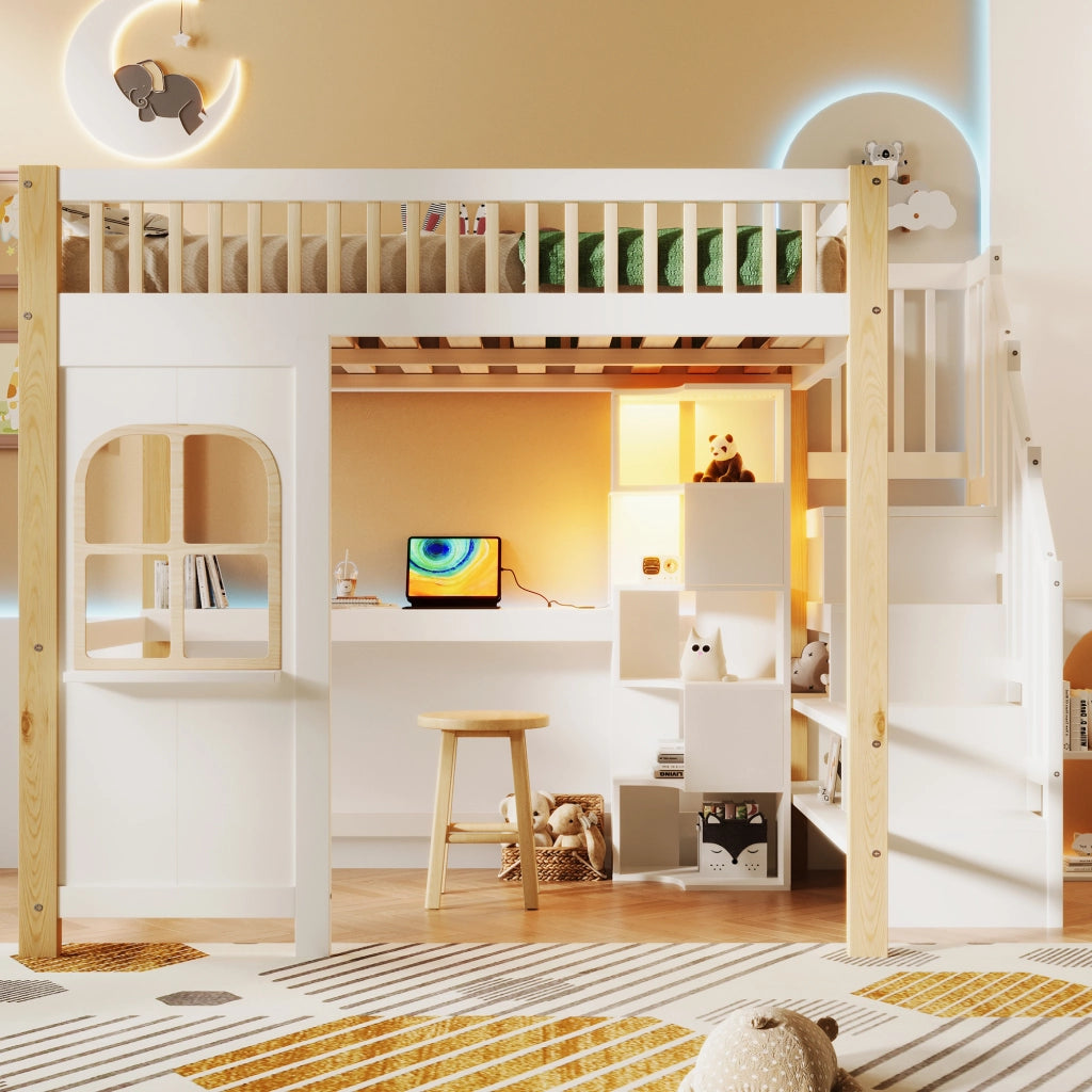 HOCHBETT 140x200 cm con scrivania, LED, scala contenitore, bianco/naturale