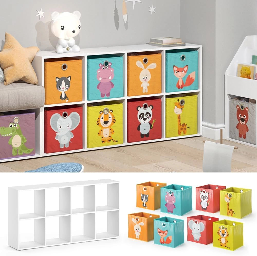 Libreria bambini Scutum, Bianco, 143 x 72 cm con 8 scatole pieghevoli, adatto per riporre giocattoli e libri