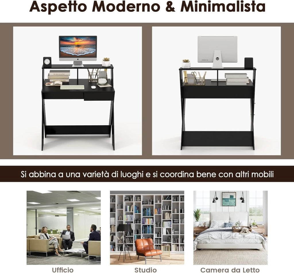 Scrivania per Computer in Legno, Scrivania con Cassetto, Portaoggetti e Supporto per Monitor, Poggiapiedi e Gambe a Forma di X, Ideale per Ufficio e Casa (Black)