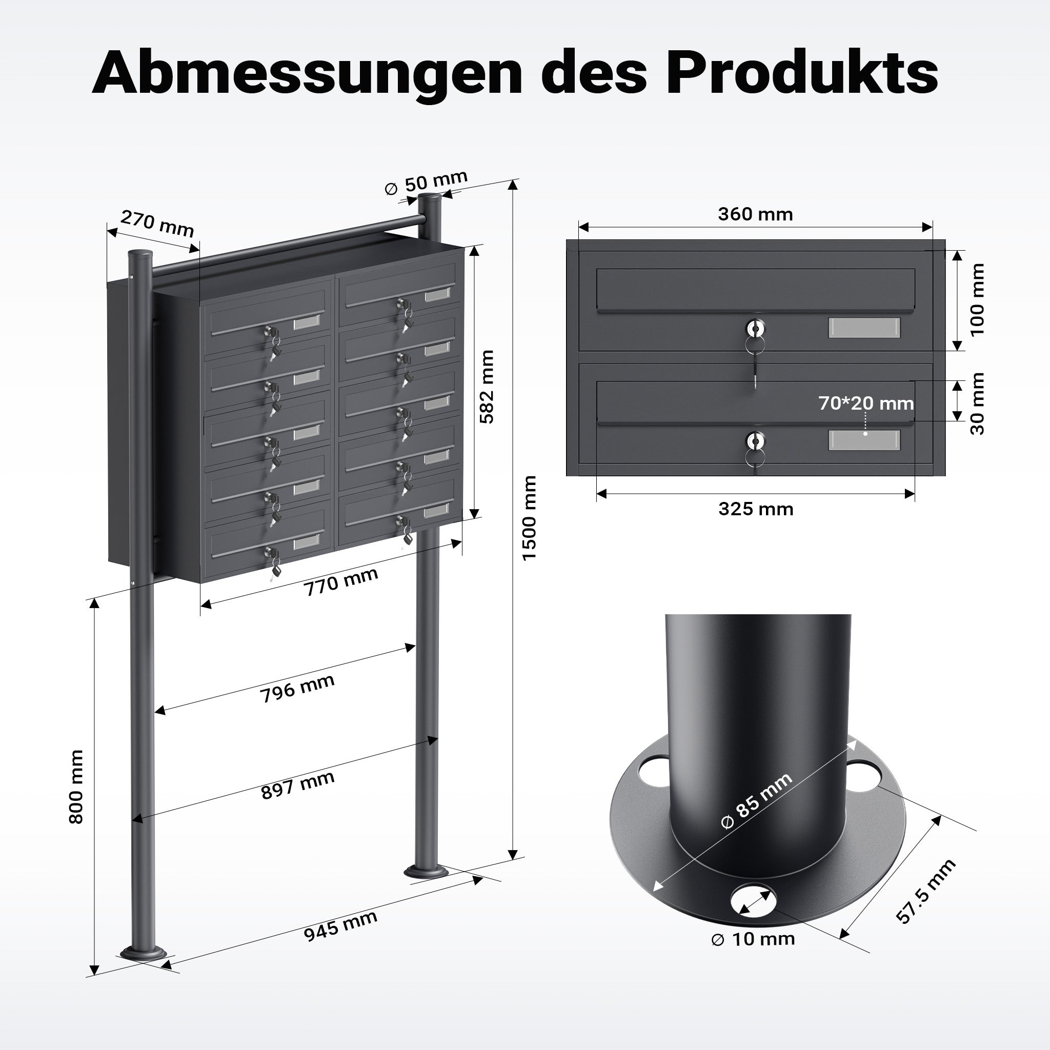 Cassetta postale condominiale autoportante, 10 posti, antracite, 945 x 270 x 1500 mm, 2 moduli