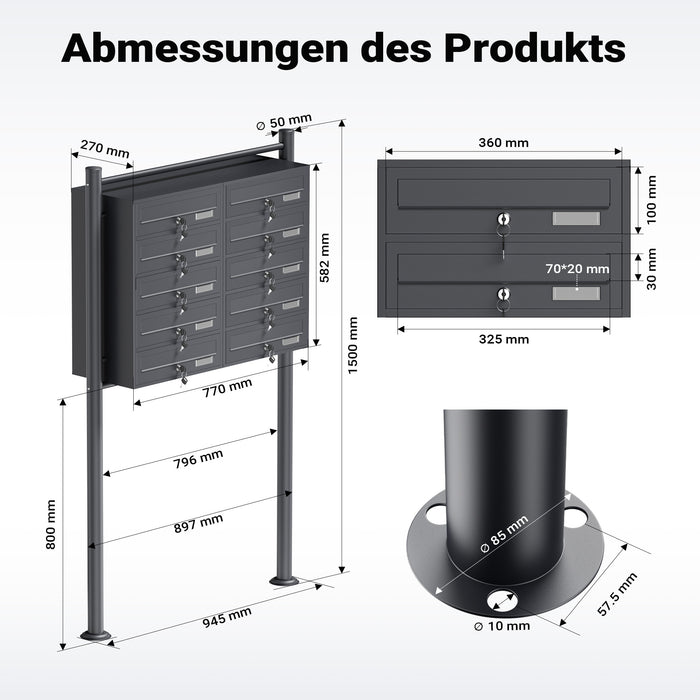 Cassetta postale condominiale autoportante, 10 posti, antracite, 945 x 270 x 1500 mm, 2 moduli