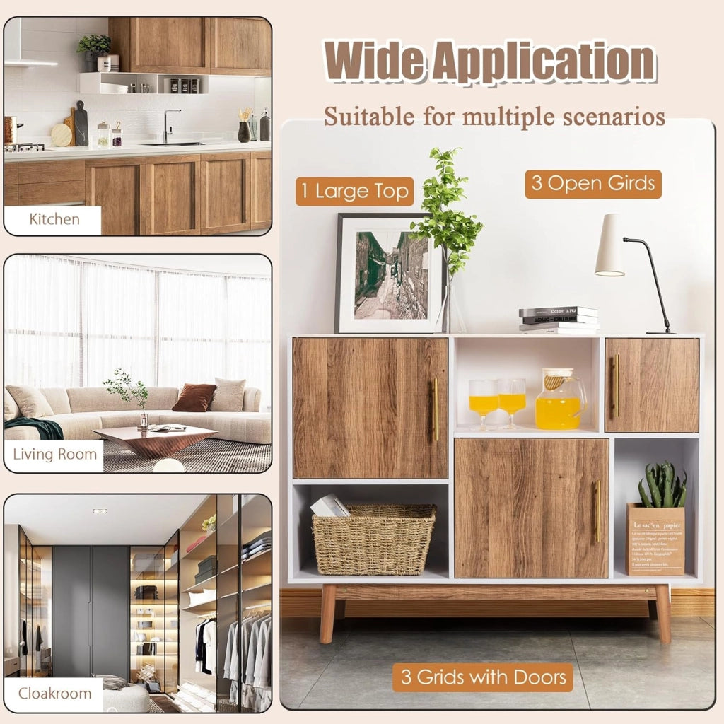 Credenza in legno, armadietto a buffet con 6 scomparti, con manici in metallo e dispositivo di sicurezza ribaltabile, 95 x 33 x 76 cm, cassettiera per soggiorno, cucina (bianco + marrone)