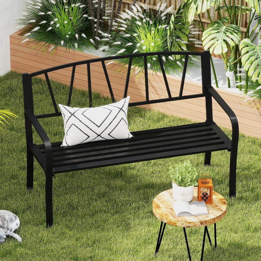 Panca da giardino a 2 posti, panca da parco in metallo, sedia da parco con schienale, carico di 300 kg, per balcone, terrazza, nero (modello 3, 128 x 60 x 86 cm)