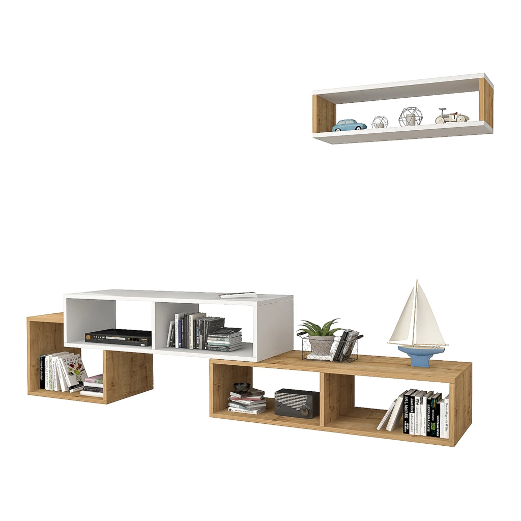 Set Malvik Mobile TV e Mensola da Parete - Bianco / Effetto Rovere Zaffiro [en.casa]