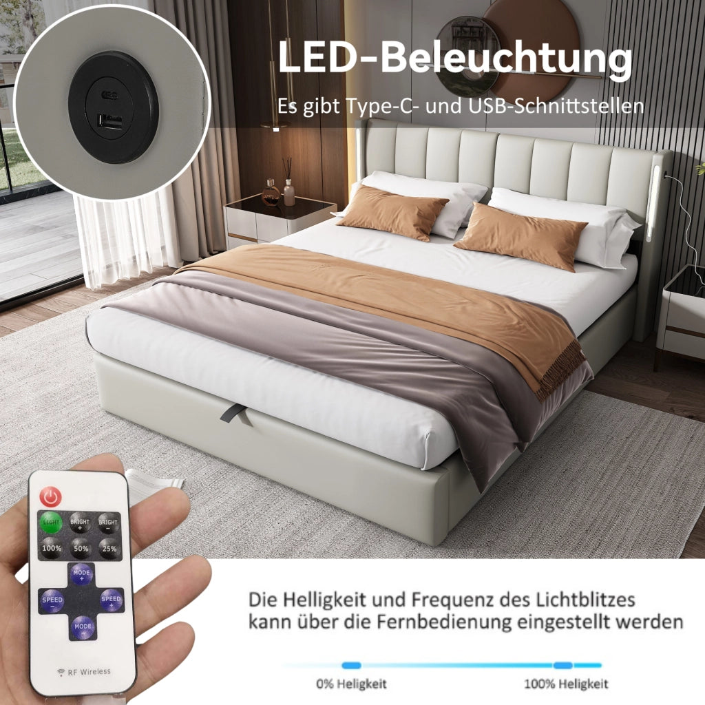 Letto imbottito idraulico con LED e USB 180x200 cm in similpelle grigia
