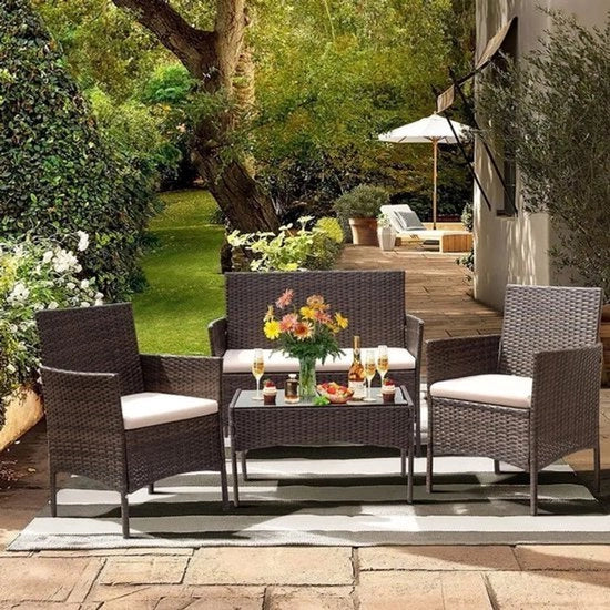 Set di mobili per giardino - Resistenti alle intemperie in polirotano - Inclusi cuscini - Tavolo con vetro antiproiettile - Per giardino, balcone e terrazza