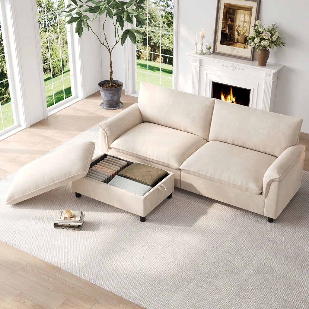 Divano modulare convertibile con pouf contenitore e poggiapiedi mobile, Chenille, Beige, 216 × 77 × 82 cm