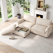 Divano modulare convertibile con pouf contenitore e poggiapiedi mobile, Chenille, Beige, 216 × 77 × 82 cm