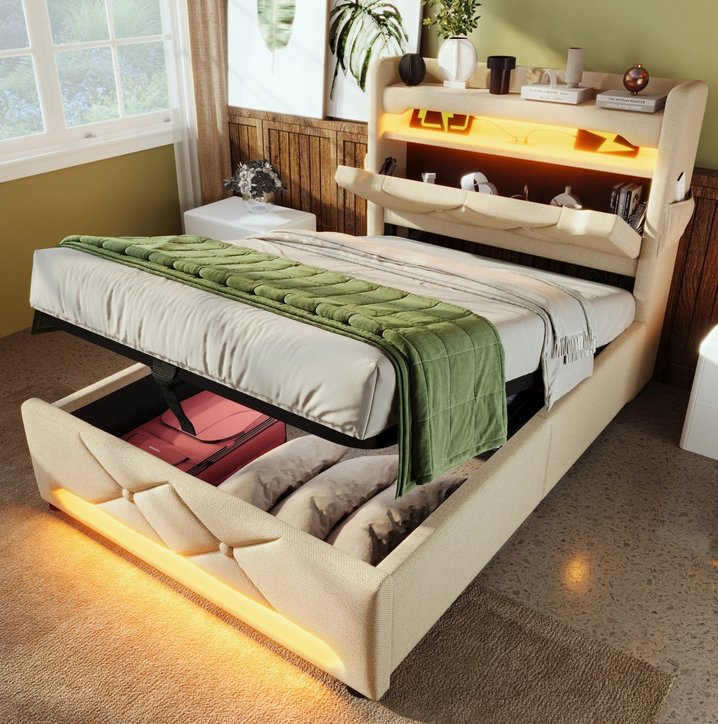 Letto 90x200 cm beige – testiera USB, LED e contenitore, con materasso