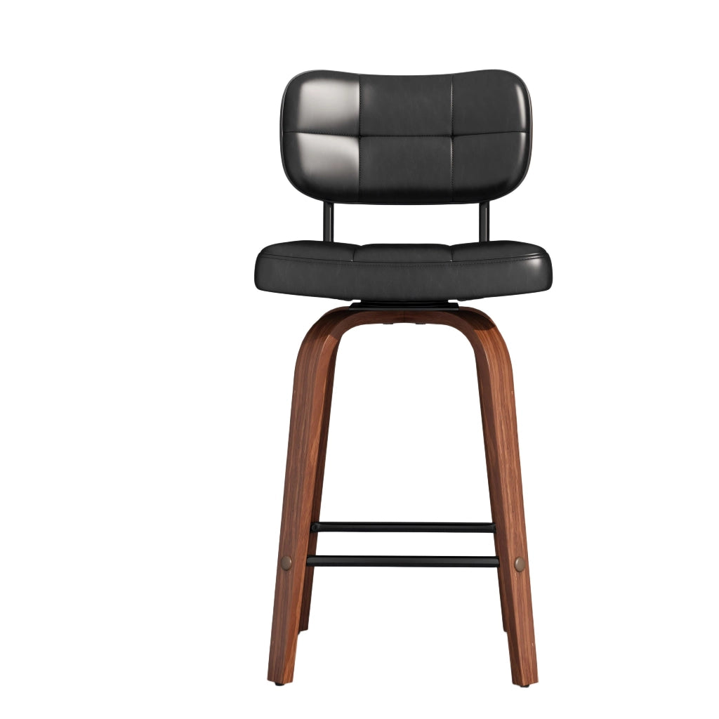 Sgabello da bar girevole con schienale ergonomico e design scandinavo, struttura stabile in pu e legno, nero e noce scuro
