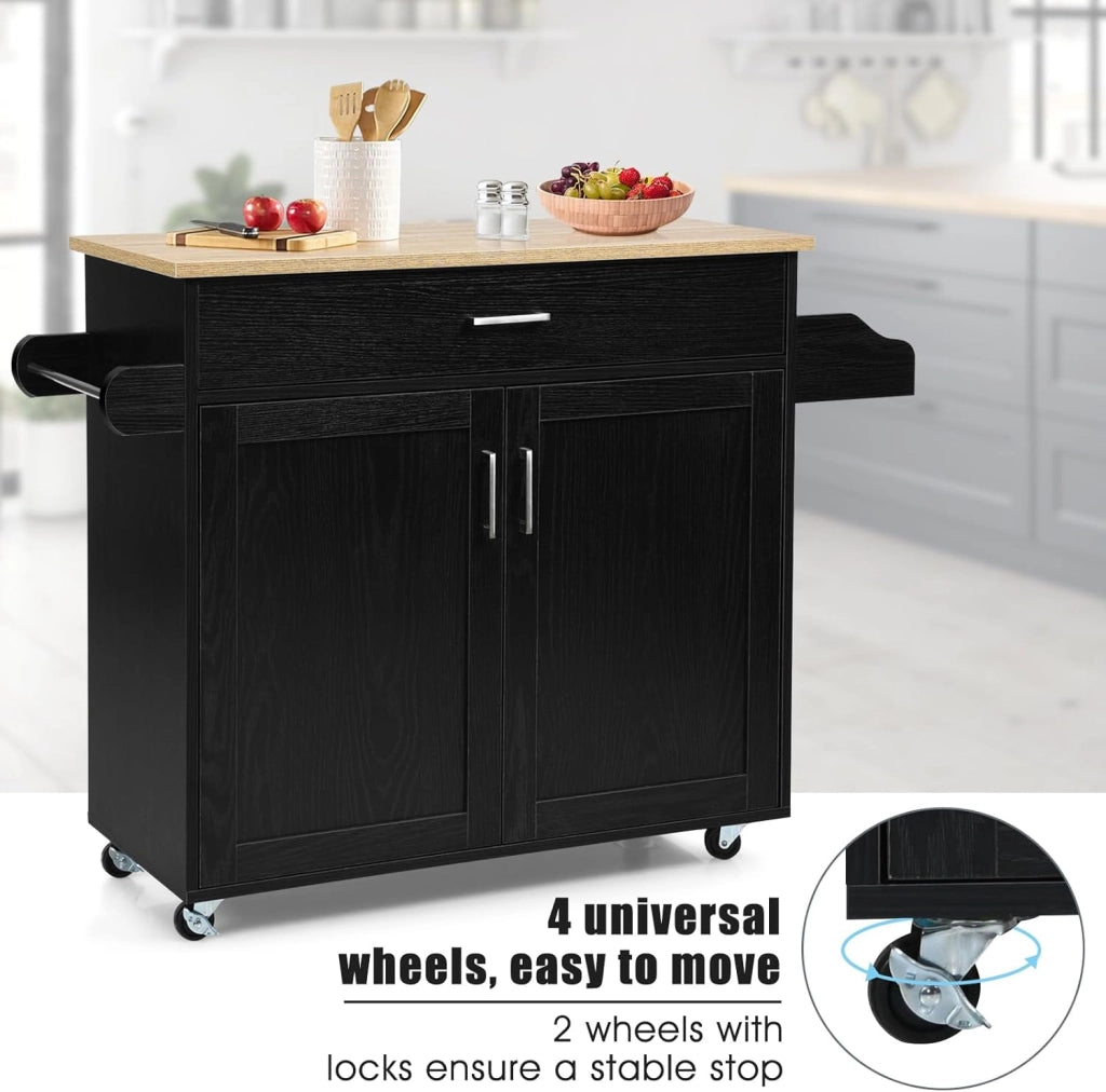 Carrello da Cucina Ausiliario, Carrello di Servizio con Cassetto e Ripiano Regolabile, Isola da Cucina da Sala da Pranzo con Ruote Universali con Freni, in Legno, 116 x 40 x 85 cm, Nero
