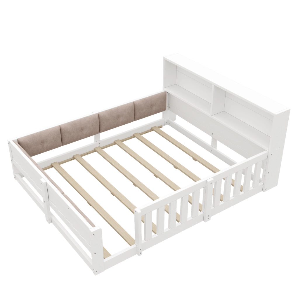 Letto per bambini 140x200 cm con sponde; LED e testiera con contenitore; bianco