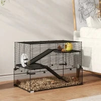 Gabbia per Criceti a 3 Livelli con Base in Vetro Temperato, Ruota e Accessori, 76.5x48.5x54.5 cm, Nero