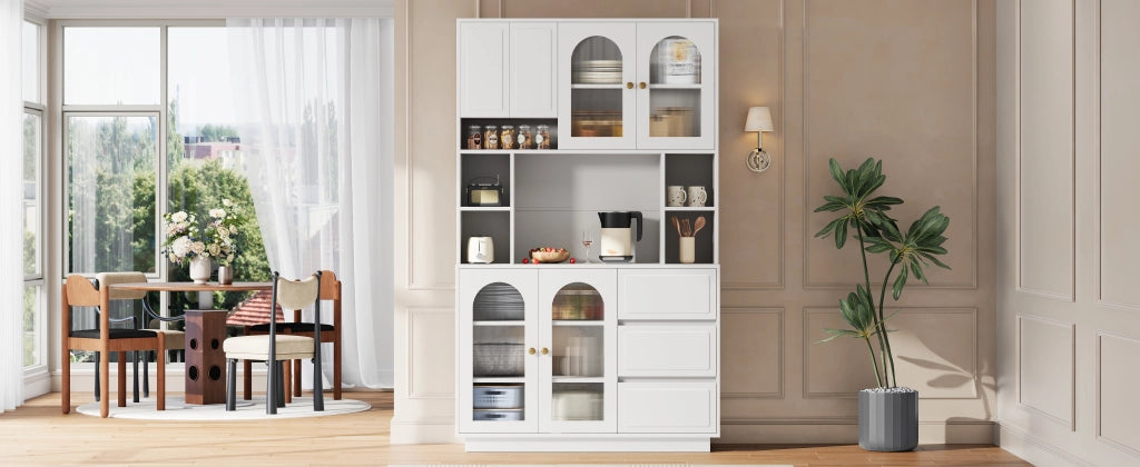 Credenza alta con ante ad arco in acrilico 3 cassetti e LED con controllo app per cucina e soggiorno 106 × 30 × 175 cm
