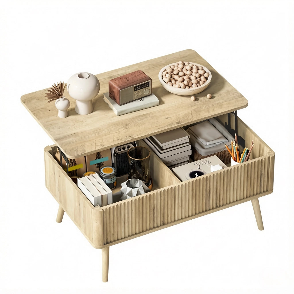 Tavolino da salotto alzabile con 2 vani nascosti; piano regolabile e angoli arrotondati; in MDF e pino; rovere