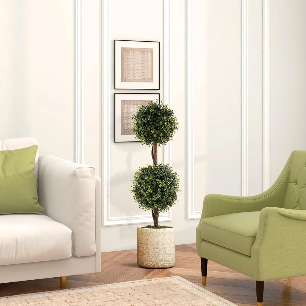 Set di 2 alberi artificiali Topiari di Bosso, piante finte con foglie realistiche in PE e tronco simulato, vaso di cemento e copertura di muschio, pianta per ingresso, soggiorno