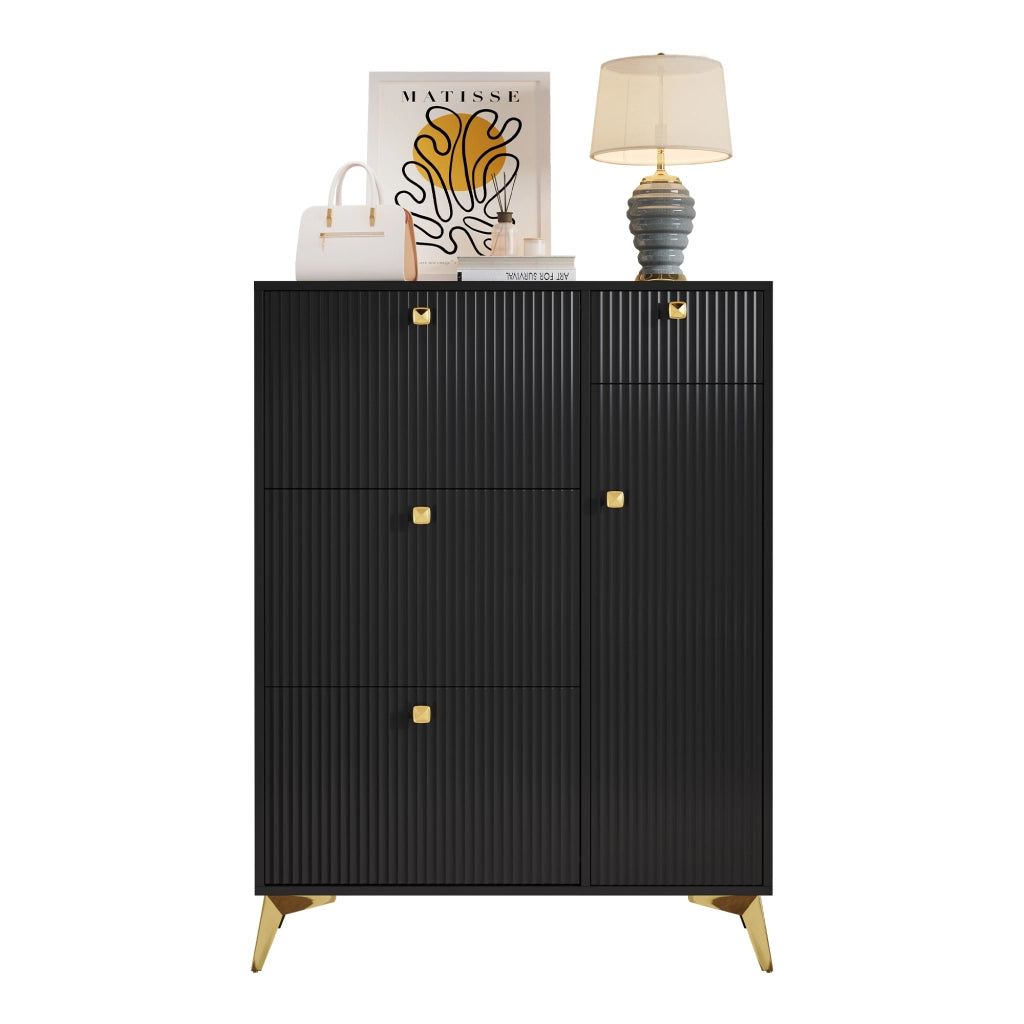 Scarpiera moderna stretta con 3 ante ribaltabili, 1 cassetto e 1 sportello, colore nero, 90 x 25 x 121 cm