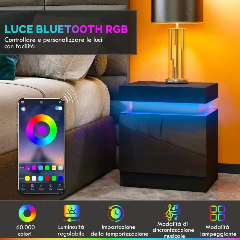 COMODINO LED A 16 COLORI E 4 MODALITÀ CON 2 CASSETTI, IN LEGNO, 45X35X52 CM, NERO