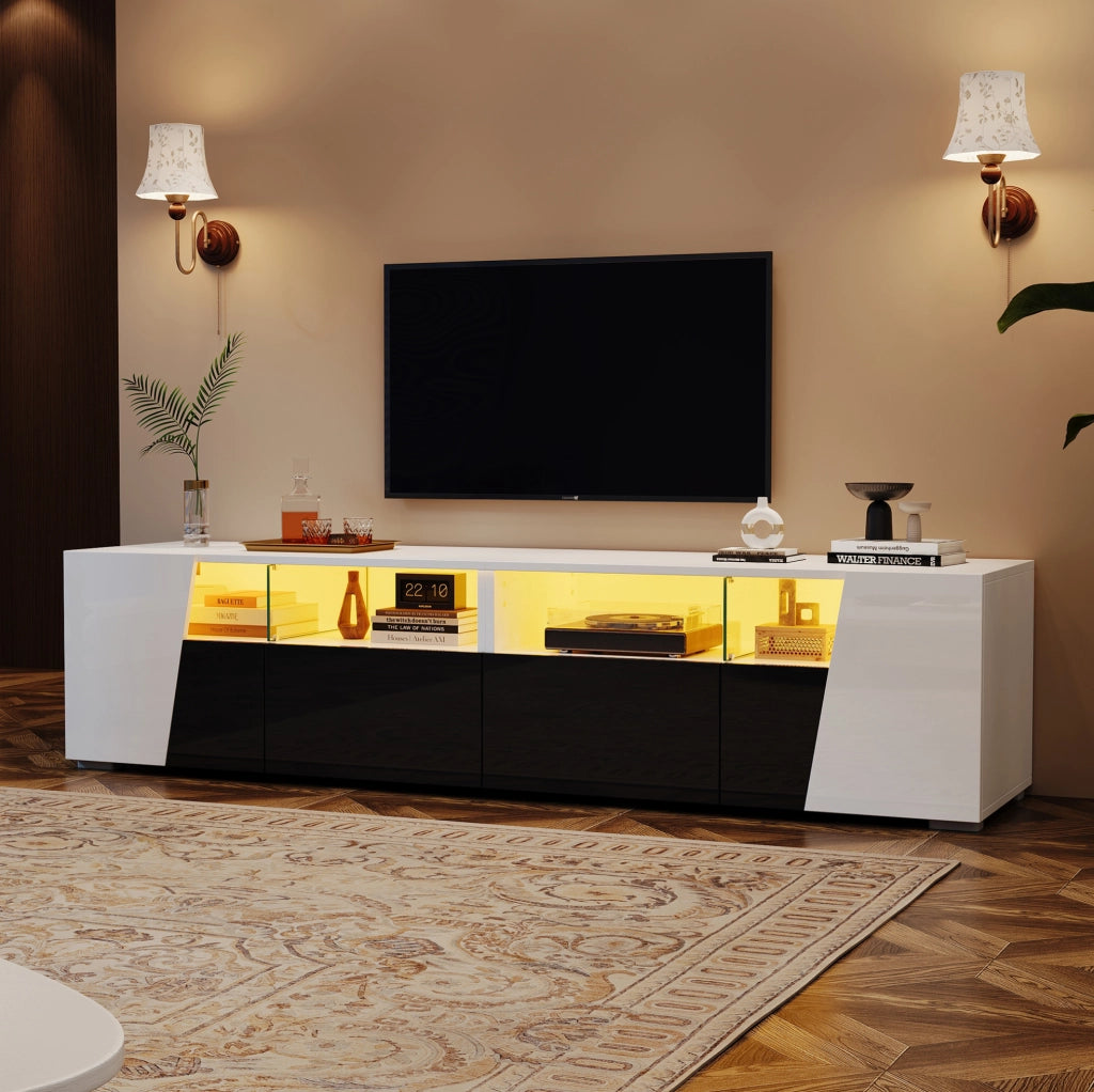 Mobile TV sospeso LED 180 cm bianco e nero con 2 cassetti e 2 ante