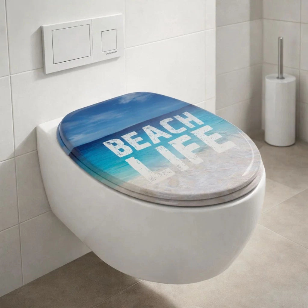 Sedile wc copri vater universale frizionato fantasia in mdf chiusura rallentata *** fantasia beach life, confezione 1